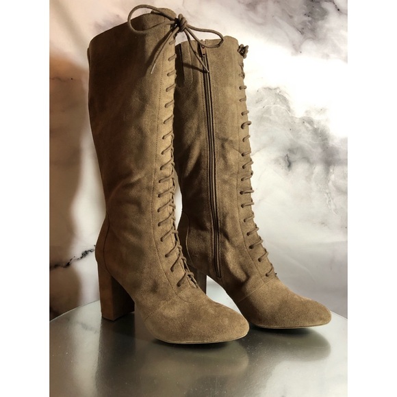 Cato Shoes - Wide Calf Knee High Lace Up Tan Suede Heeled Boots